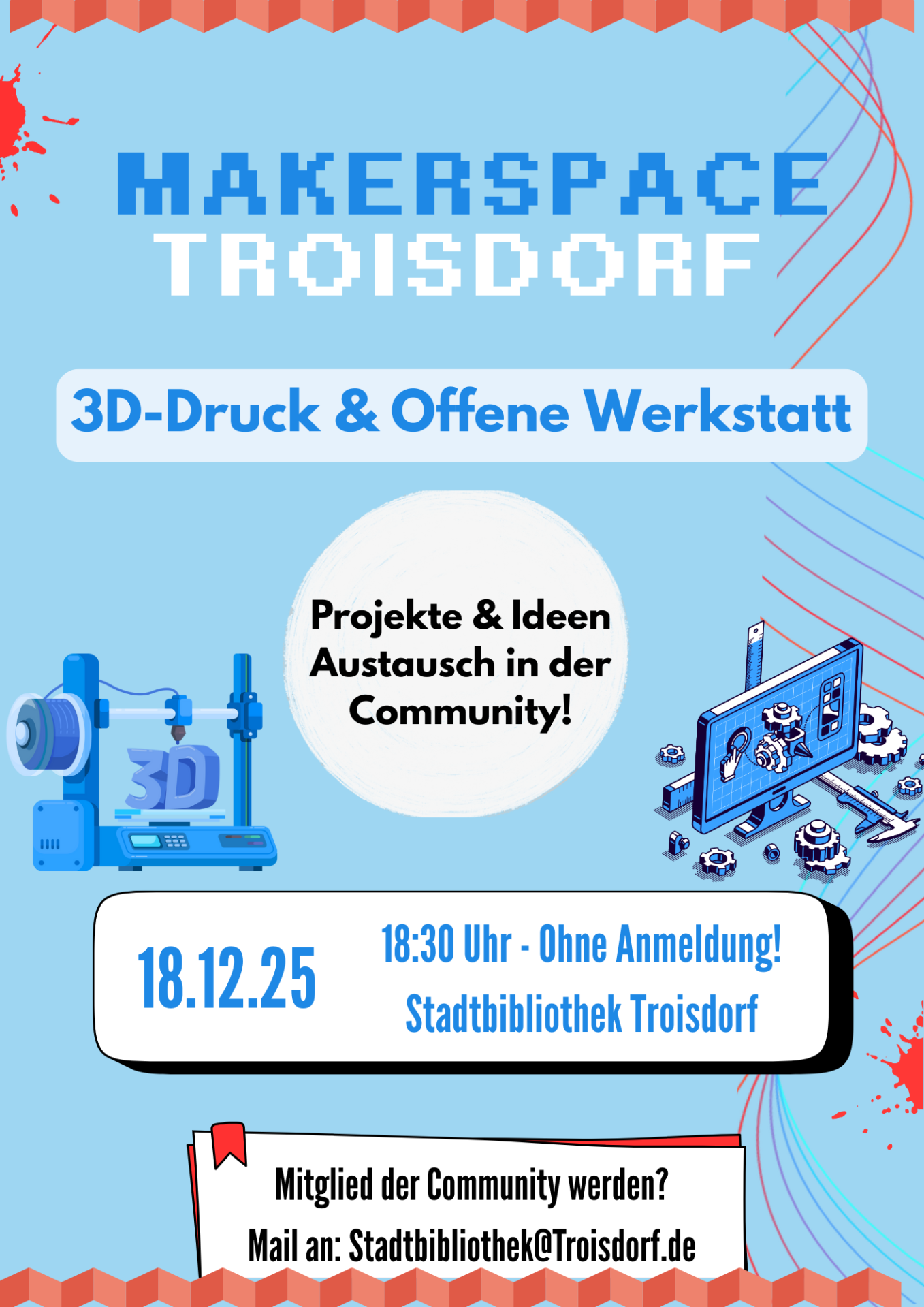 a4 Makerspace - 1 Zu sehen ist das Werbeplakat der Makerspace Gruppe Troisdorf für das Treffen am 18.12. um 16 Uhr.