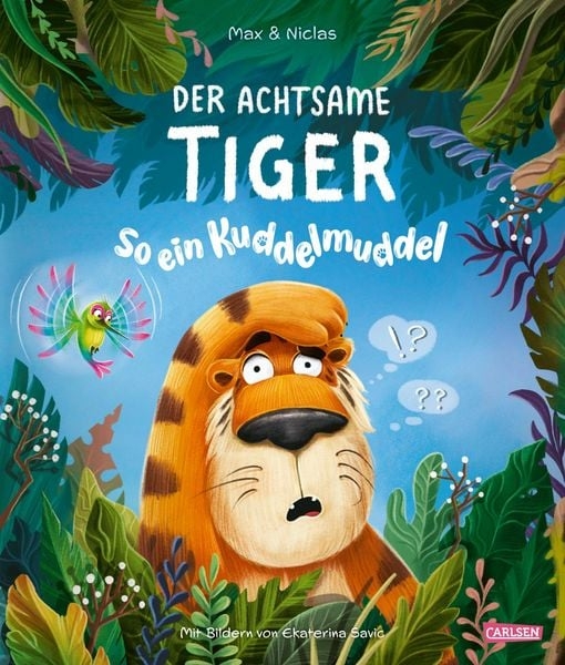 Zu sehen ist das Cover des Bilderbuches mit einem Tiger der sich verwirrt an den Kopf packt.