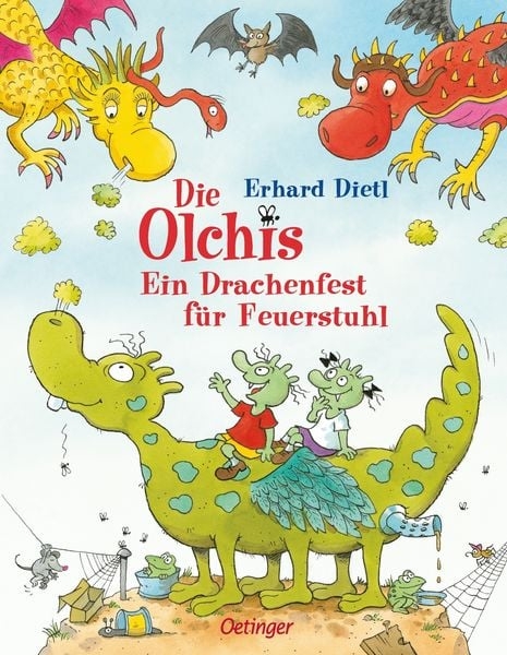 Zu sehen ist das Cover des Bilderbuches mit dem Olchis und verschiedene Drachen.