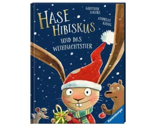 Auf dem Bild ist ein Buchcover zu sehen mit einem Hasen der eine Weihnachtsmütze trägt.