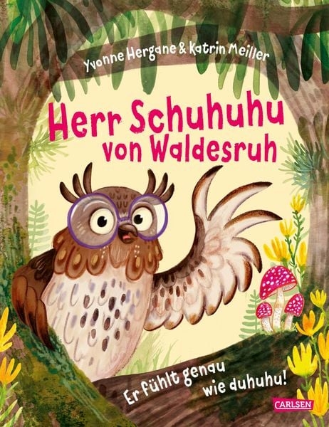 Zu sehen ist ein Huhu mit einer Brille und der Titel und Untertitel des Bilderbuches, das vorgelesen wird.