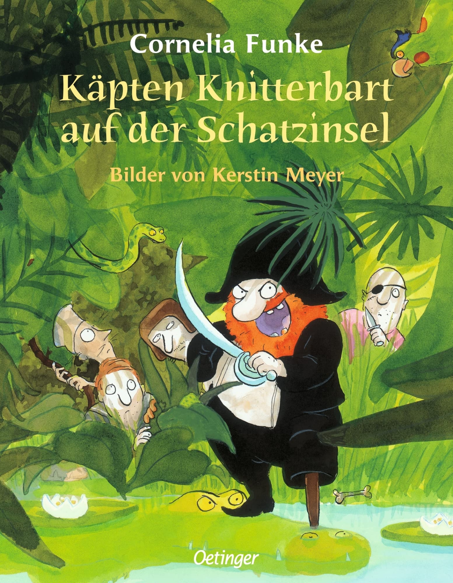 Zu sehen ist das Buchcover mit einem Piraten und seiner Mannschaft auf einer Schatzinsel.