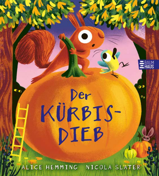Zu sehen ist ein Eichhörnchen das mit einem Vogel auf einem riesigen Kürbis sitzt.