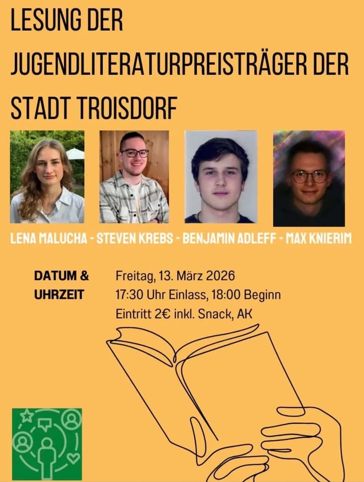 Zu sehen ist das Werbeplakat der Autorenlesung der Autoren des Jugendliterturpreises Troisdorf.