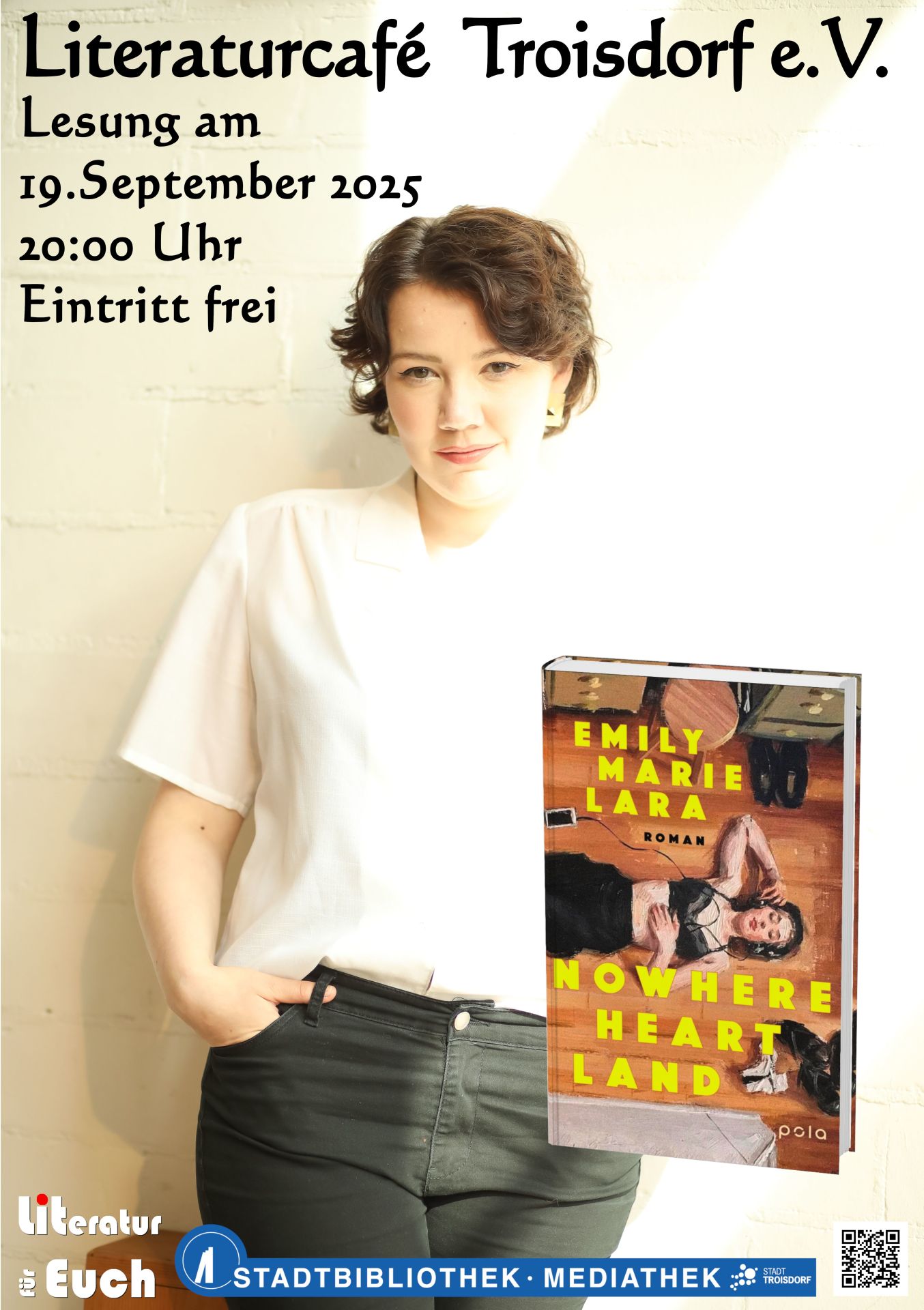 Zu sehen ist das Plakat der Lesung des Buches "Nowhere Heart Land" von Emily Marie Lara.