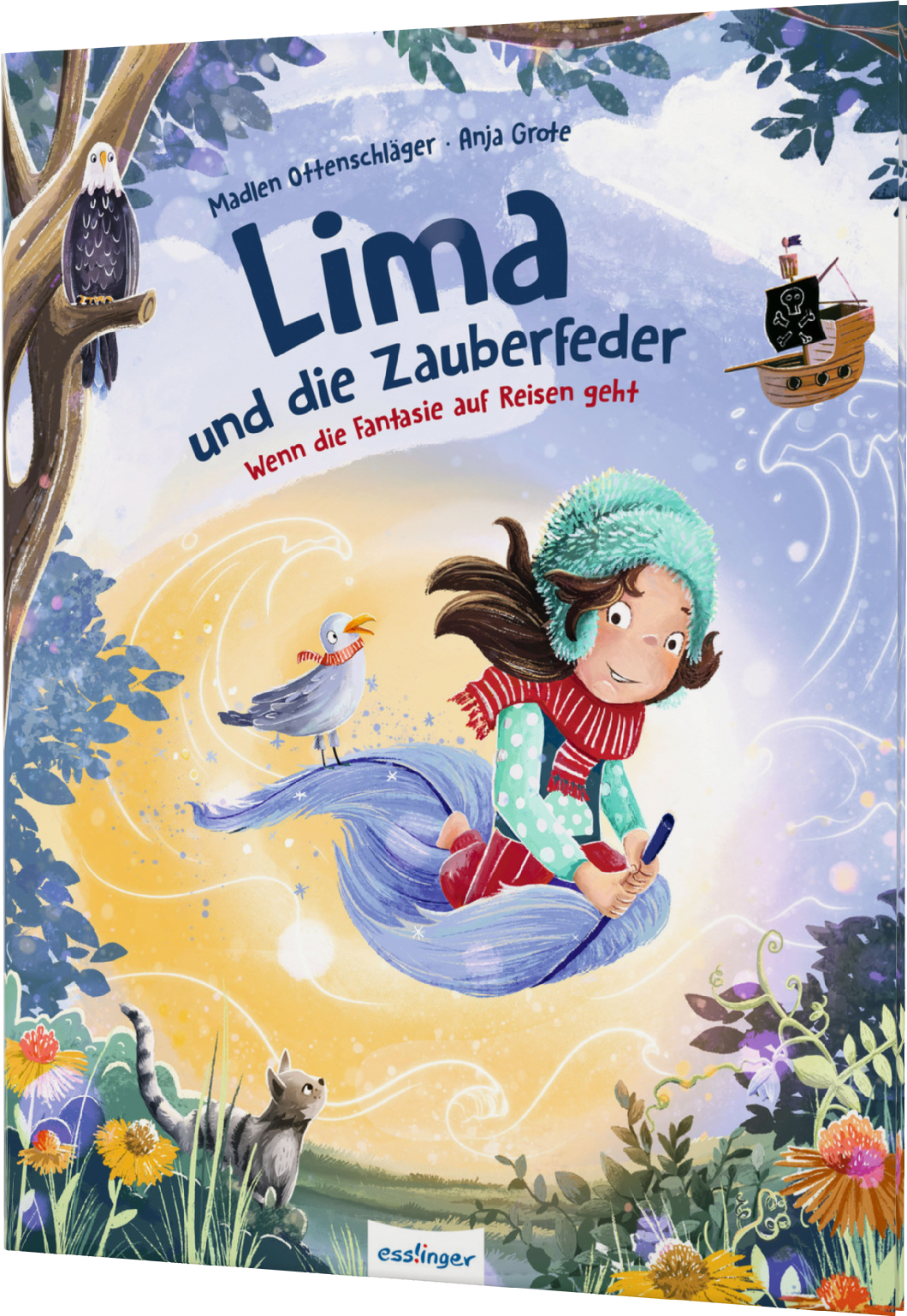 Zu sehen ist ein Mädchen auf einer Zauberfeder die fliegen kann. Mit dabei sind eine Katze und eine Möwe.