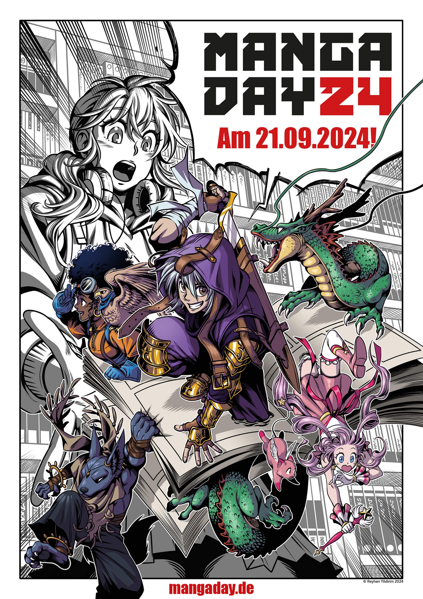 Zu sehen ist das Plakat von diesjährigen Manga Day (2024) mit verschiedene Figur aus den Mangas.