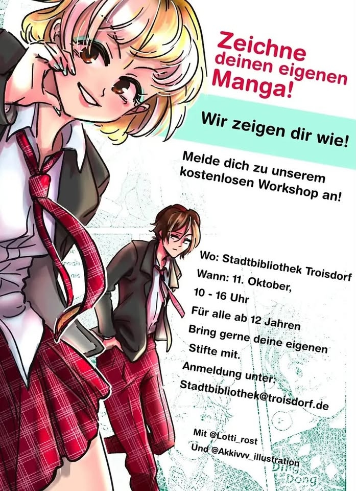 Zu sehen ist das Werbeplakat für den Manga-Zeichen-Workshop am 17.10. in der Stadtbibliothek.