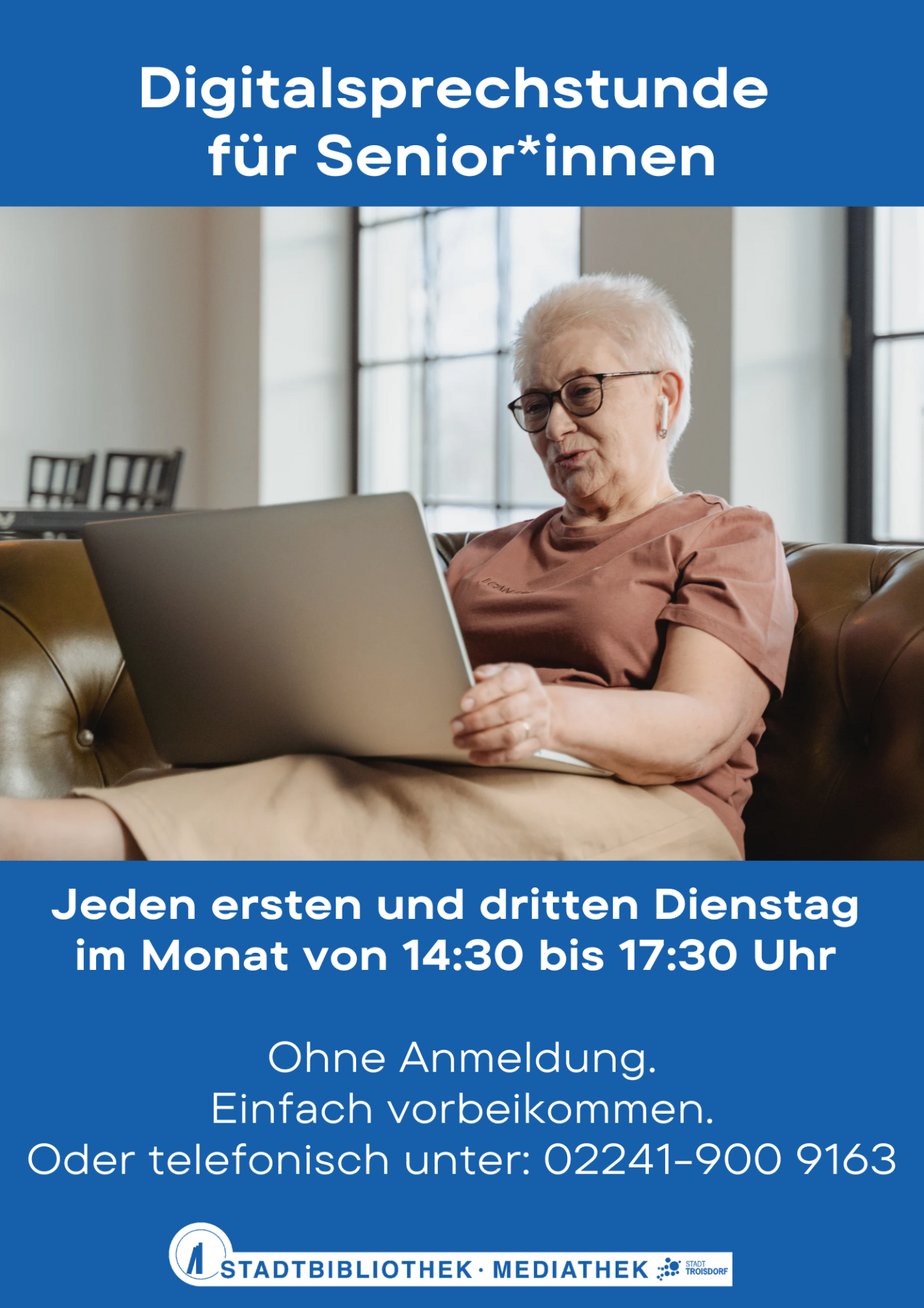Digitalsprechstunde für Senior*innen (297 x 420 mm) - 1 Zu sehen ist das Werbeplakat der digitalen Sprechstunde in der Stadtbibliothek.