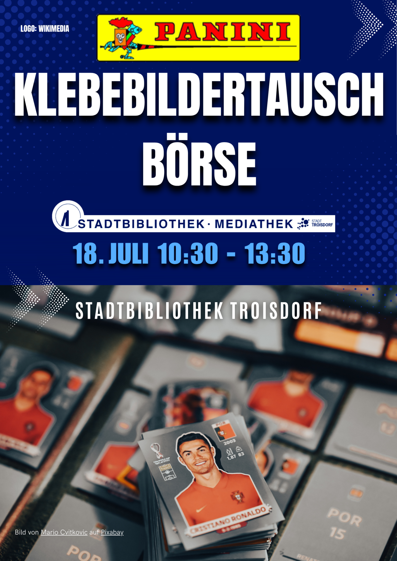 Zu sehen ist das Werbeplakate der Paninisticker WM 2026 Tauschbörse in der Stadtbibliothek am 18.07.