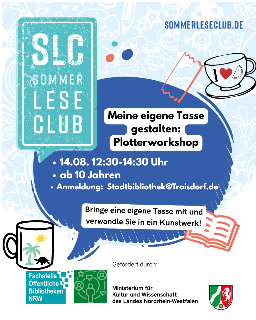 Zu sehen ist die Werbung für den Plotter-Workshop beim Sommerleseclub in der Stadtbibliothek.