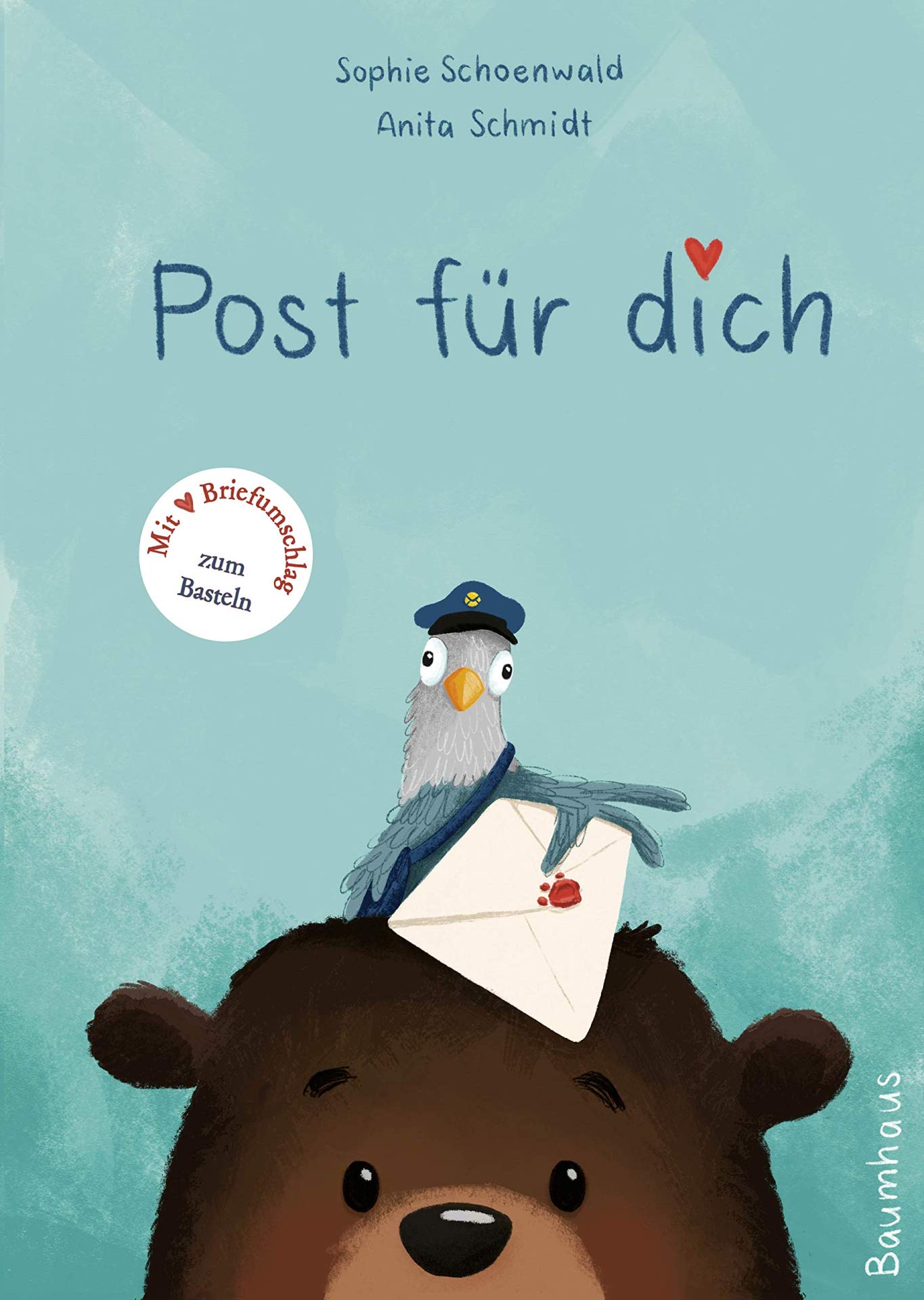 Zu sehen ist das Buchcover von "Post für dich" mit einem Bären auf dessen Kopf eine Brieftaube sitzt.