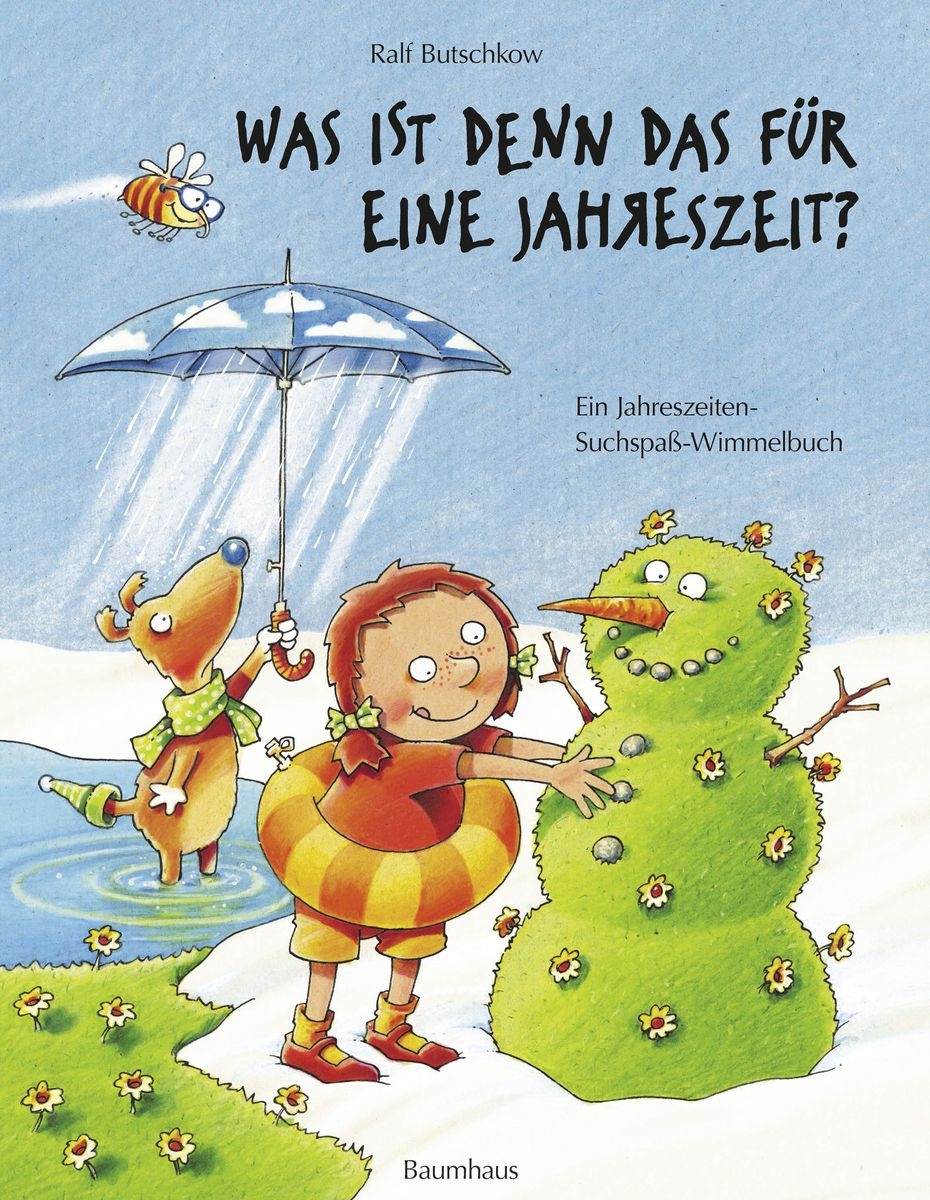 Zu sehen ist das Bilderbuch-Cover mit einem Mädchen das einen "Schneemann" baut der aus grünen Pflanzen besteht.