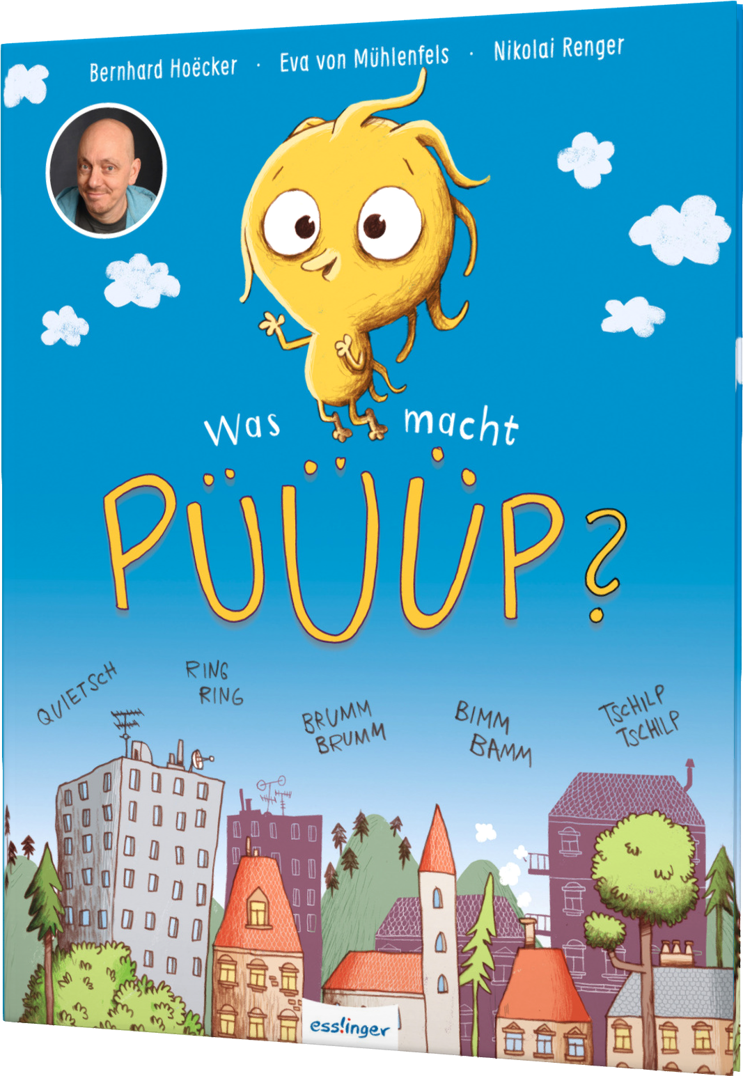 Zu sehen ist ein gelber kleiner Vogel der über eine Stadt fliegt.