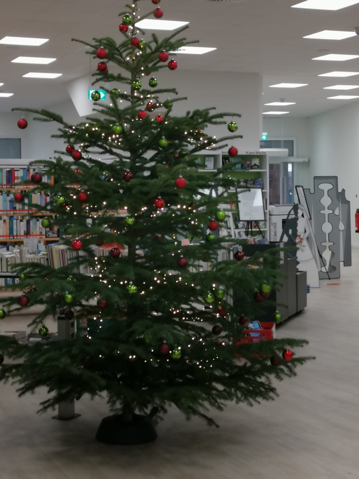 Zu sehen ist ein Weihnachtsbaum in der Bibliothek.