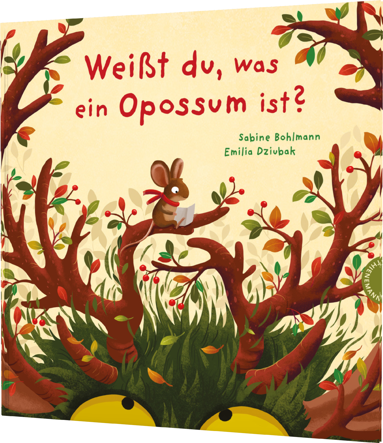Zu sehen ist eine Maus die auf einem Baum ein Buch liest.