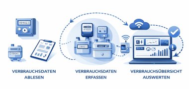 Das Bild beschreibt die Stufen des Energiecontrollings von der Zählerablesung, automatisierten Erfassung bis zur Analyse der Daten.