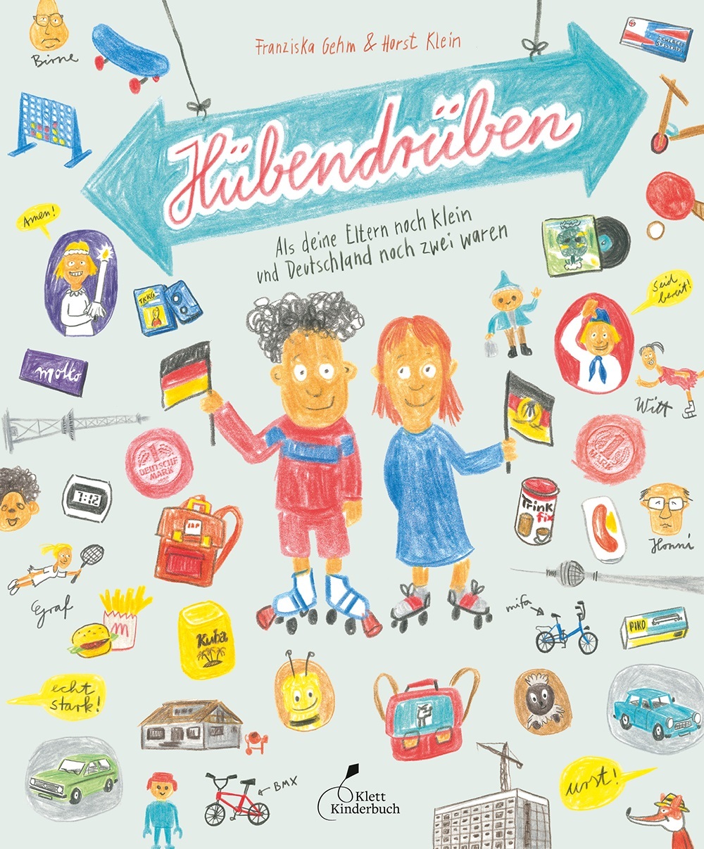 Wimmelbild mit Personen und Symbolen aus DDR und BRD