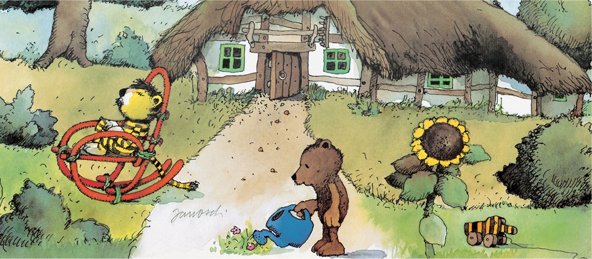 Janosch: Tiger und Bär Der kleine Tiger und der kleine Bär vor ihrem Haus. Der Bär gießt Blumen, der Tiger entspannt im Schaukelstuhl.