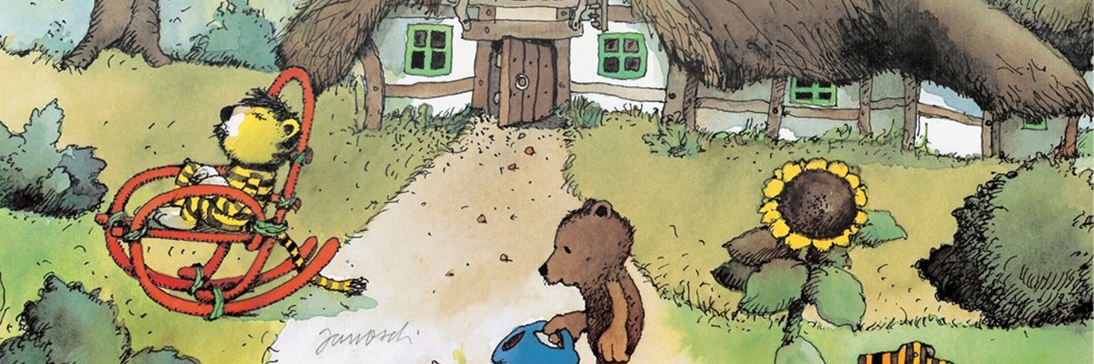 Janosch: Tiger und Bär Der kleine Tiger und der kleine Bär vor ihrem Haus. Der Bär gießt Blumen, der Tiger entspannt im Schaukelstuhl.