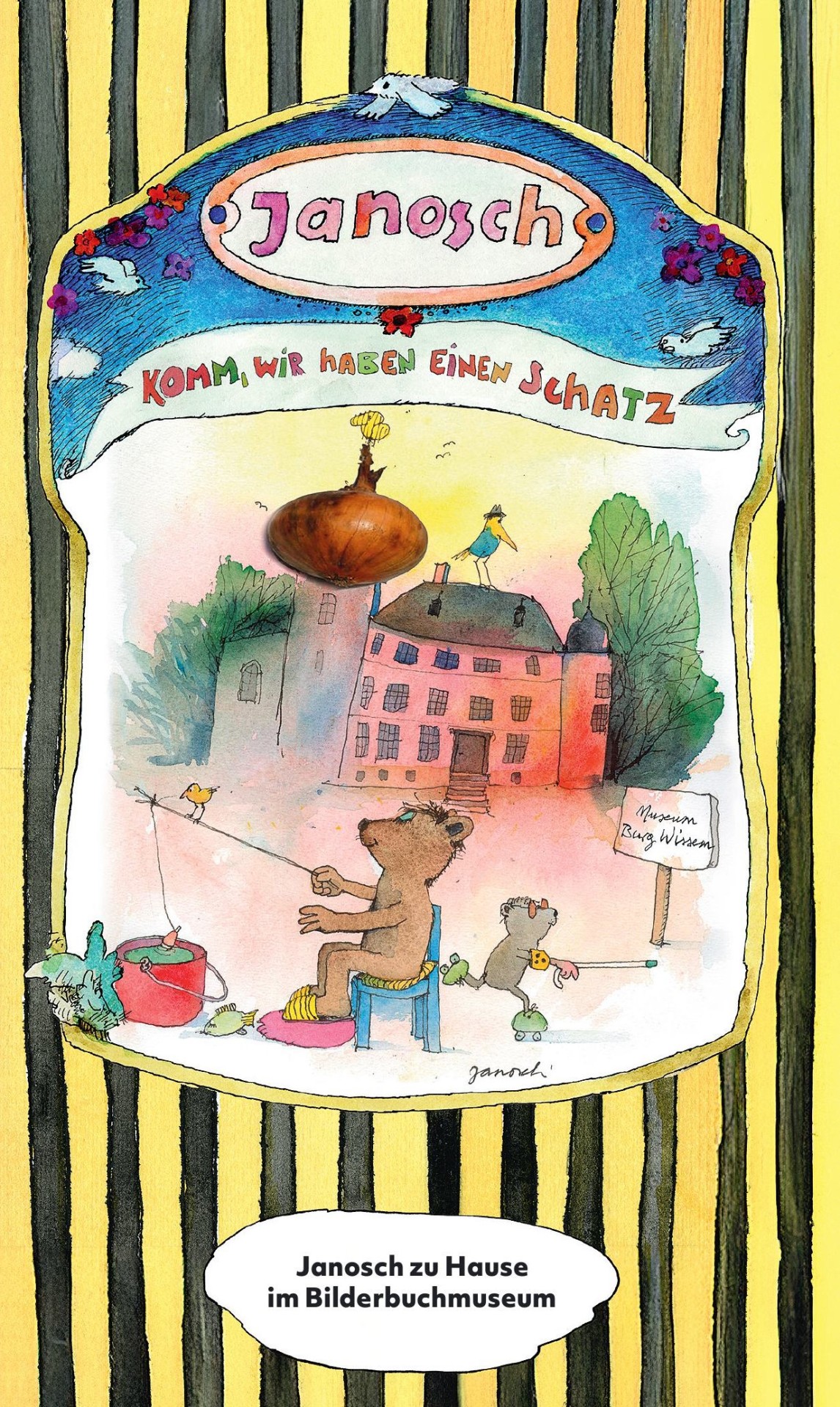 Burg Wissem mit Bär der angelt.