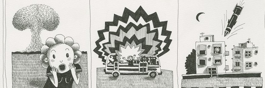 Ausschnitt aus "The War" aus "The Business of Staying Alive" mit bedrohlichen Szenarien wie Bombenexplosionen, Panzern und Raketeneinschlägen