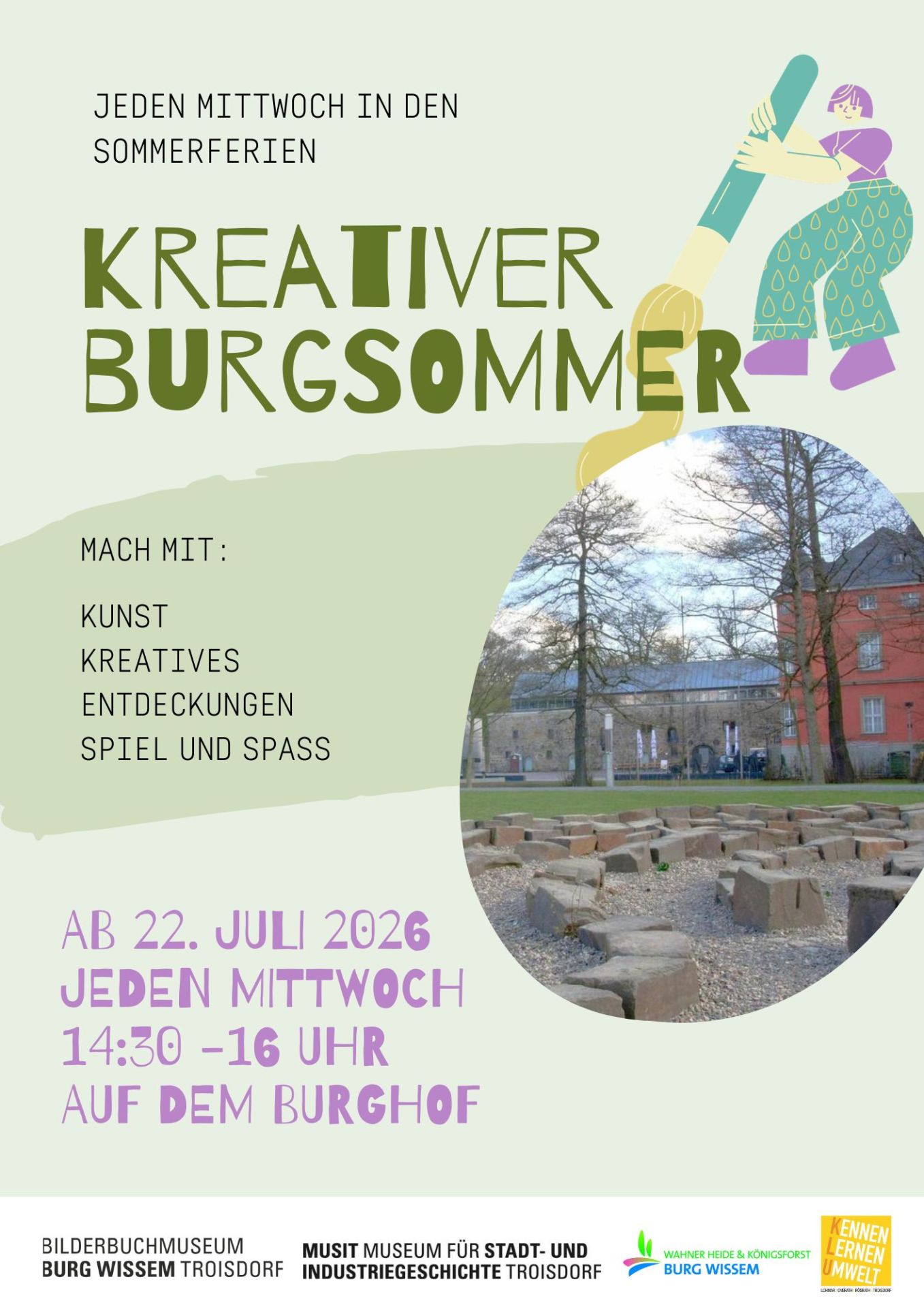 Verspielter Flyer mit Einladung zum Sommerfest in Hellgrün Blau Rosa - 1