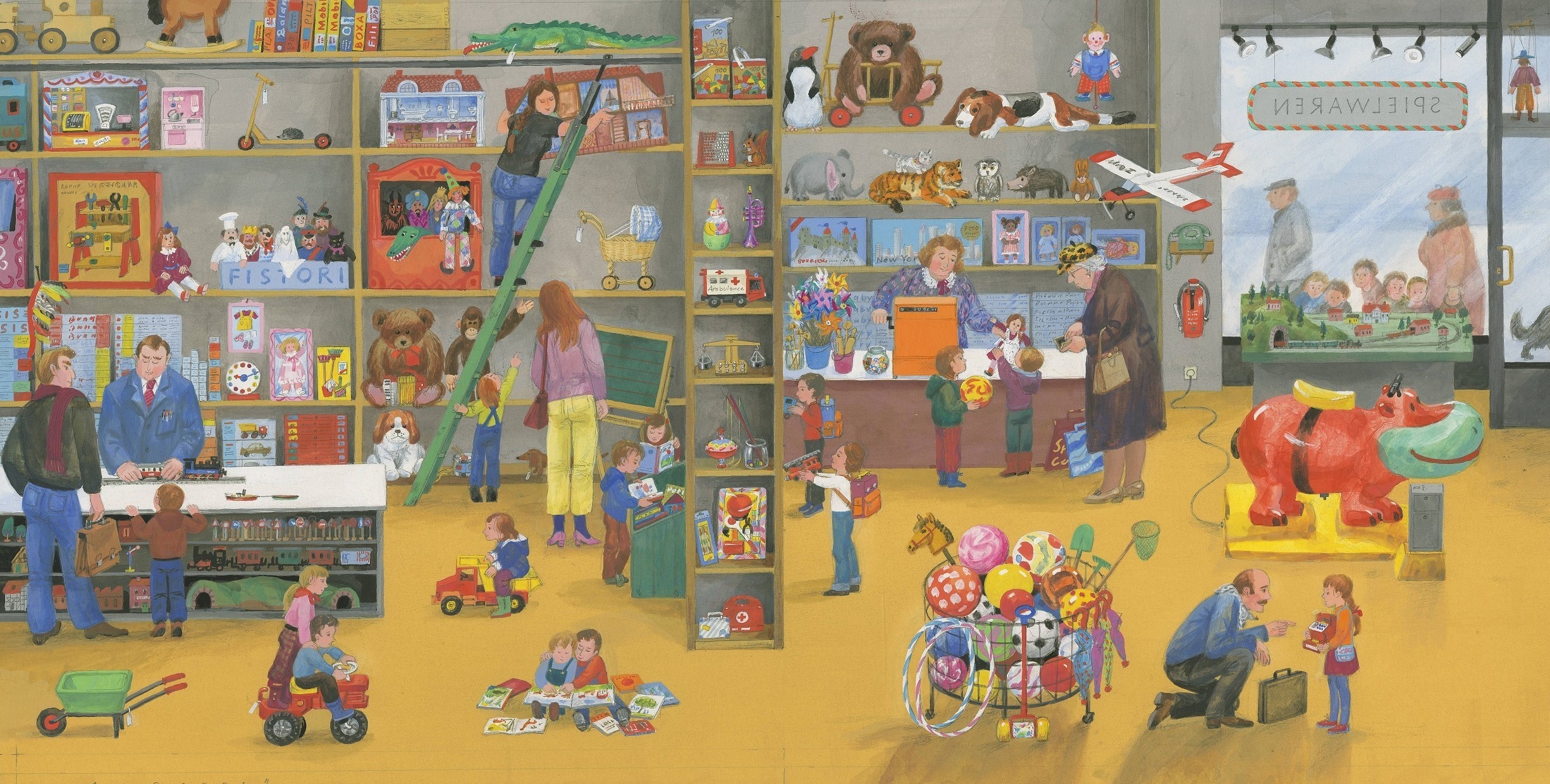 Eva Scherbarth: Komm heraus und spiel mit uns. Maier, 1987. Wuselige Spielzeugladenszene mit vielen Kindern