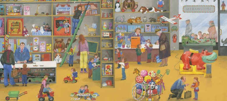 Wuselige Spielzeugladenszene mit vielen Kindern