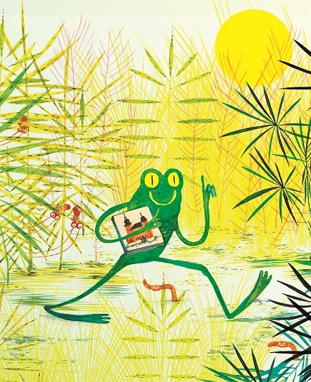 Frosch mit Burg Frosch auf Wiese mit Buch in der Hand. Auf dem Buch: Burg Wissem