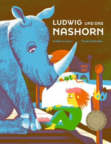 Ein großes blaues Nashorn und ein kleiner Junge sitzen sich in einem Kinderzimmer gegenüber