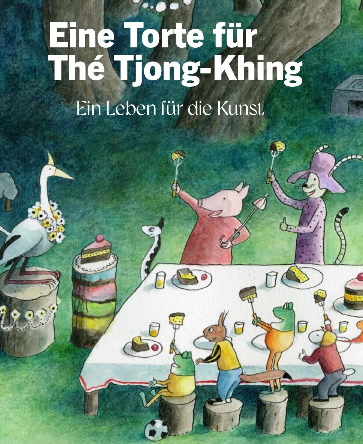 Torte für alle! Eine fröhliche Tiergesellschaft sitzt an einem Tisch im grünen und isst Torte
