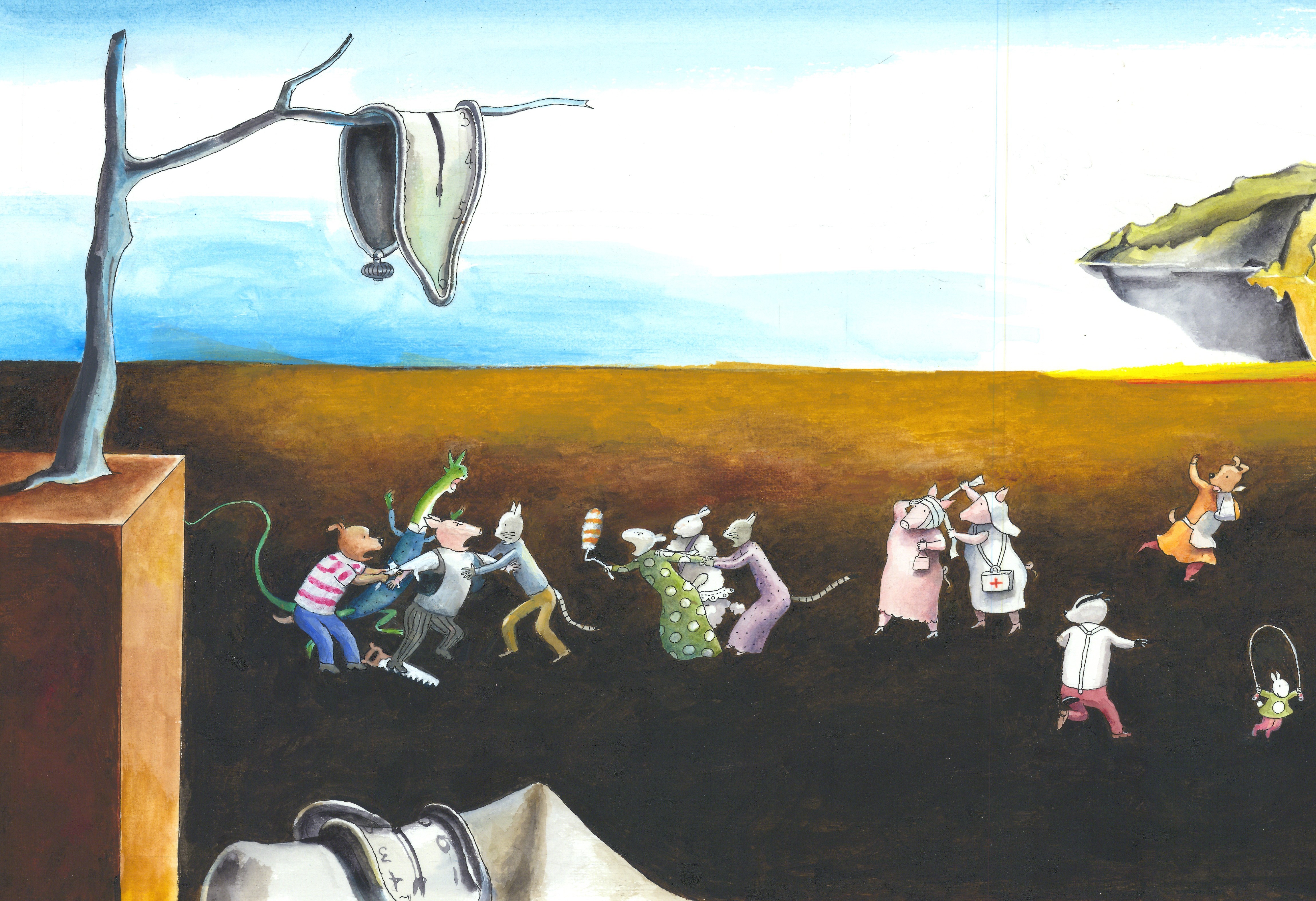 Kunst mit Torte Verfolgungsjagd mit Tieren durch eine von Dali inspirierte Landschaft