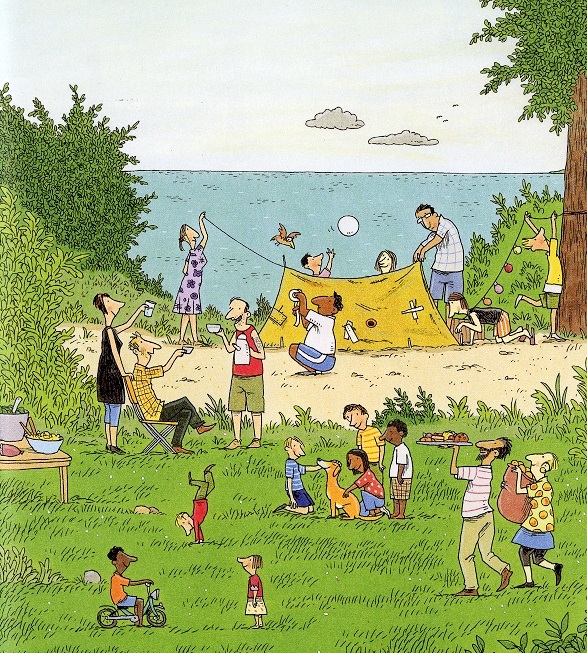 Waechter: Endlich wieder zelten! Wimmelbild mit Zelt vor See; viele Leute trinken Kaffee und helfen sich gegenseitig.
