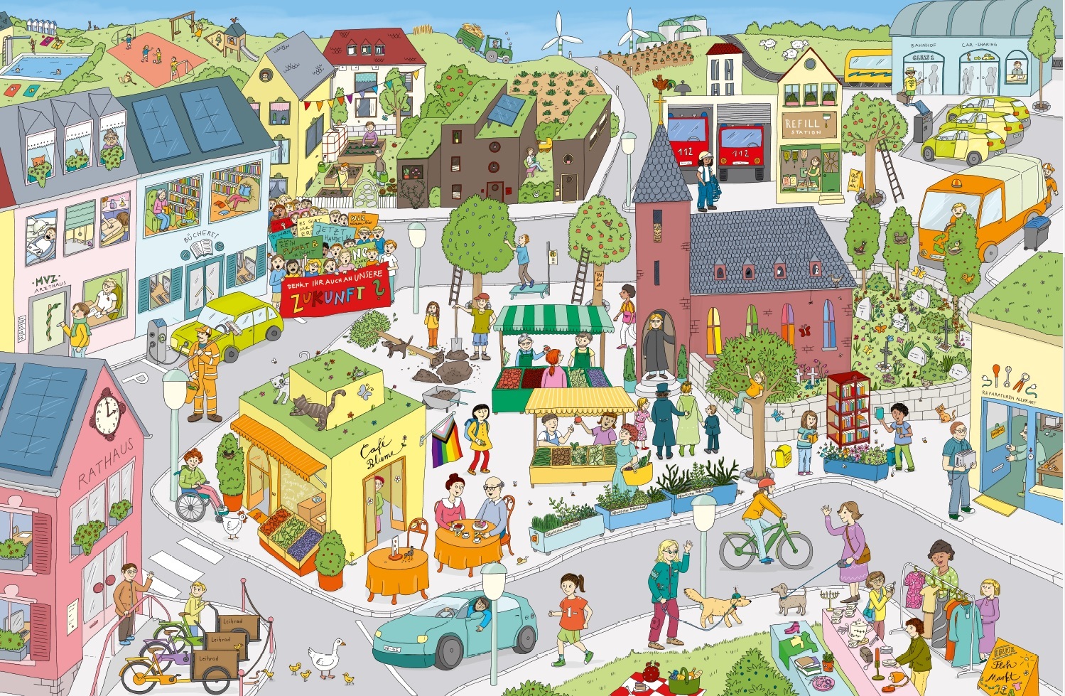 Weidenbach: Nachhaltigkeit Wimmelbuch Wimmelbild einer Straße