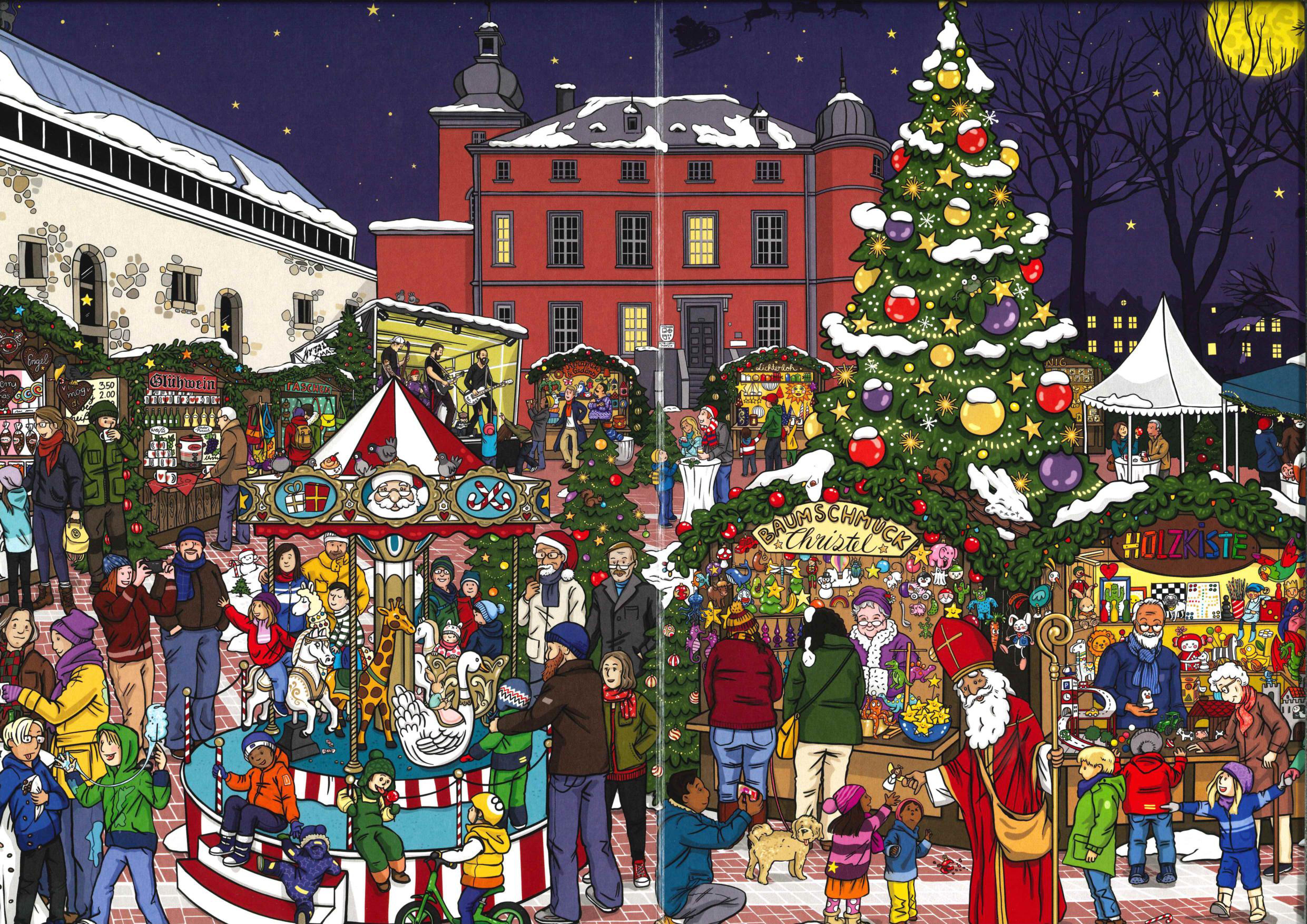 Wimmelbild des traditionellen Weihnachtsmarktes auf Burg Wissem, mit vielen Kindern und Ständen.