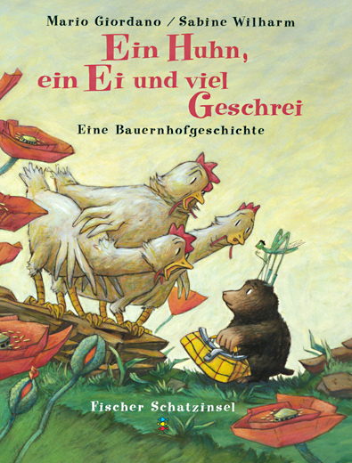Ein Huhn, ein Ei und viel Geschrei Drei Hühner und ein Maulwurf vor Mohnblumen