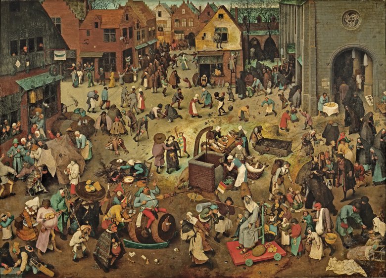 Wimmelbild aus dem 16. Jhdt. mit vielen Karnevals-Motiven und absurden Szenen.