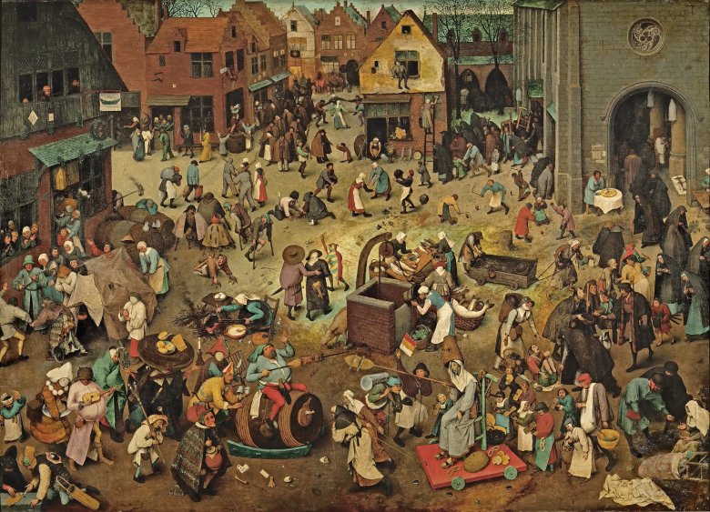 Der Kampf zwischen Karneval und Fasten Wimmelbild aus dem 16. Jhdt. mit vielen Karnevals-Motiven und absurden Szenen.