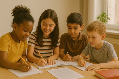 Vier Kinder machen ihre Hausaufgaben