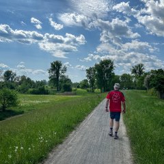 Ein Wanderer auf dem Siegdamm