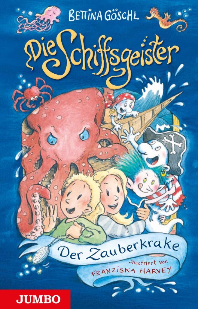 Die Schiffsgeister - Die-Zauberkrake Illustriertes Buchcover; blauer Hintergrund mit roter Krake, zwei blonden Kindern, tosenden Wellen und ein paar piratenähnlichen Geisterfiguren