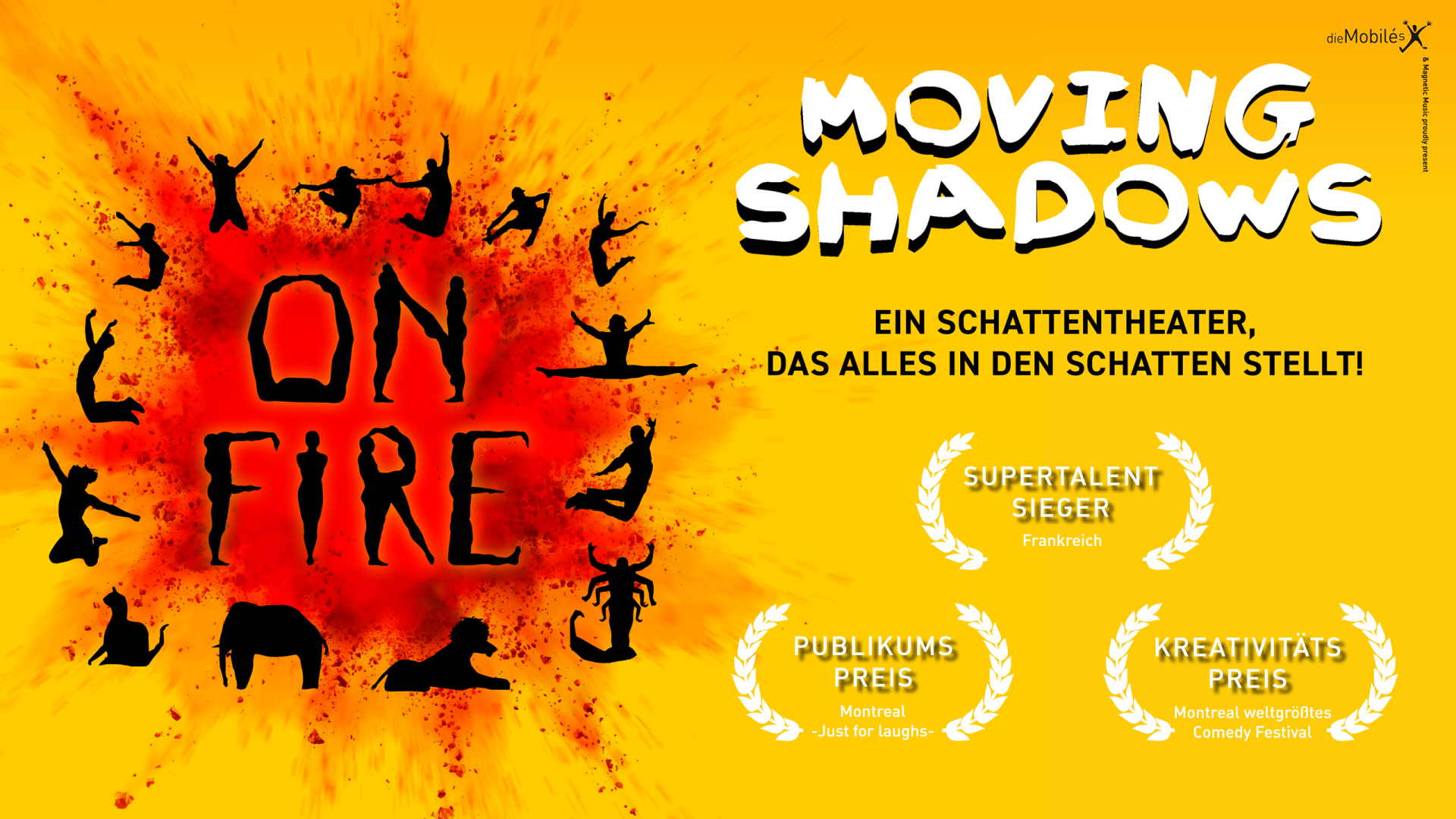 Moving Shadows - On Fire! Orangener Hintergrund; Schattenmenschen bilden das Wort ON FIRE vor einem rotem explosivem Hintergrund