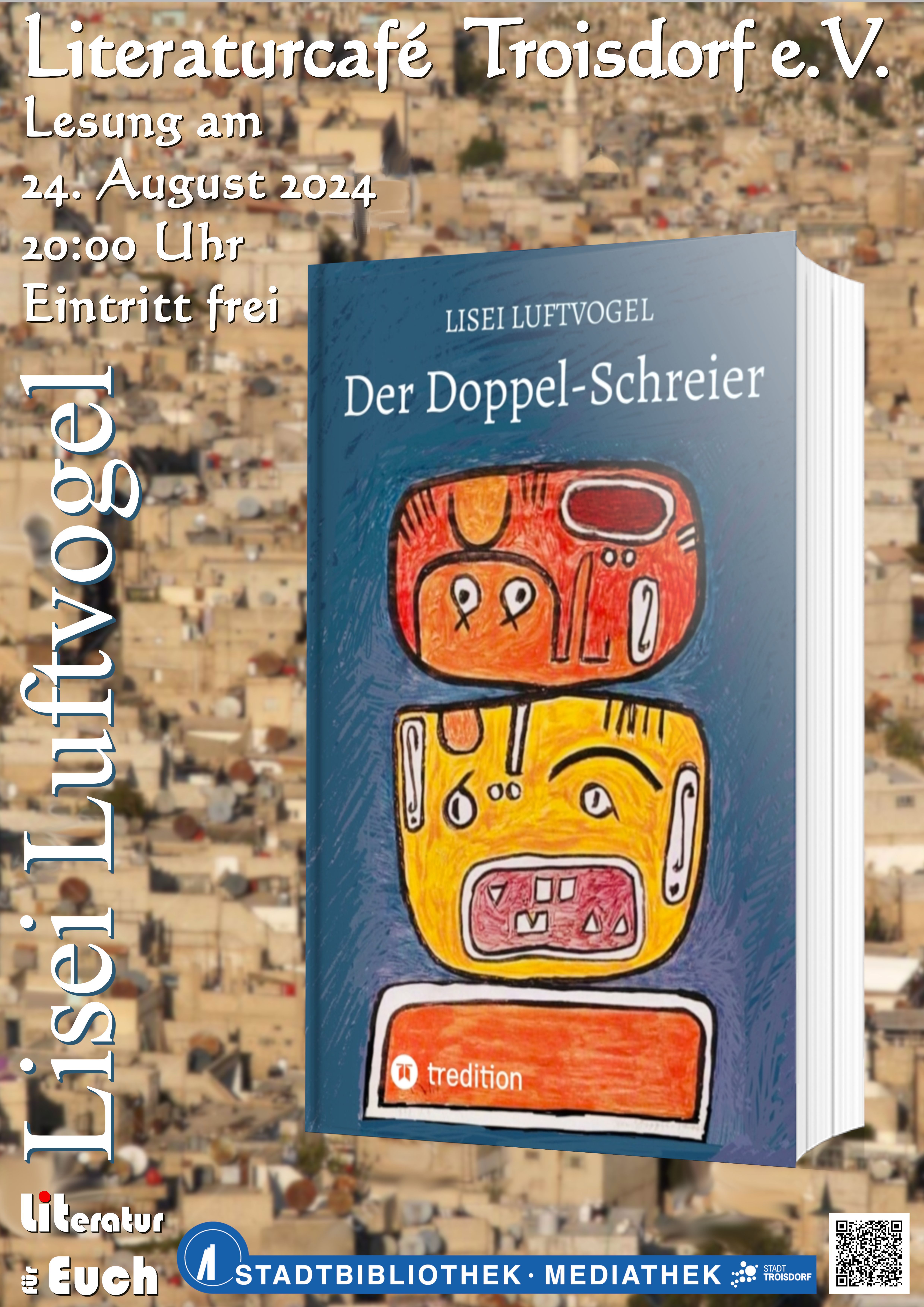 Zu sehen ist das Buchcover von "Der Doppelschreier" auf einem beigen Hintergrund. Es sind alle Informationen zu dieser Veranstaltung abgebildet.