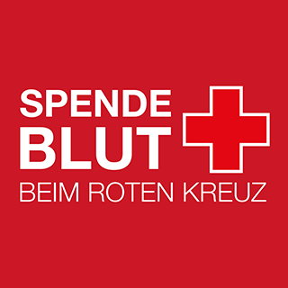 Das Bild zeigt das Logo der Blutspende-Kampagne des Deutschen Roten Kreuzes. Es ruft zur Blutspende auf, mit dem klaren Slogan "SPENDE BLUT BEIM ROTEN KREUZ" auf rotem Hintergrund und dem symbolischen roten Kreuz.