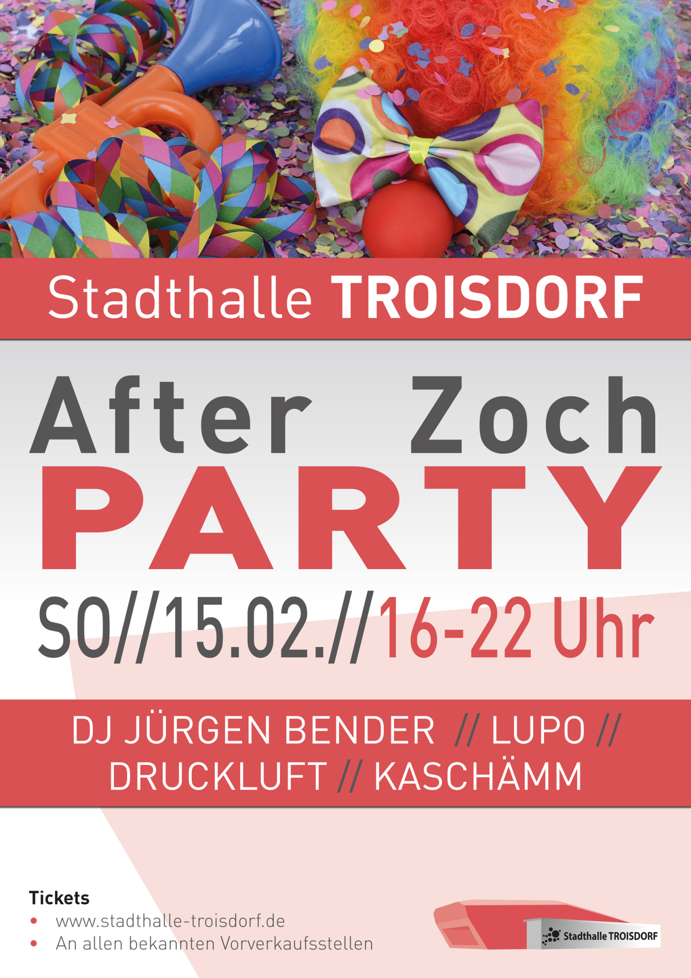 Das Bild zeigt ein farbenfrohes Plakat zur "After Zoch" Party am Sonntag, den 15.02 in der Stadthalle Troisdorf mit Künstlern wie DJ Jürgen Bender, Lupo Druckluft sowie Kaschämm