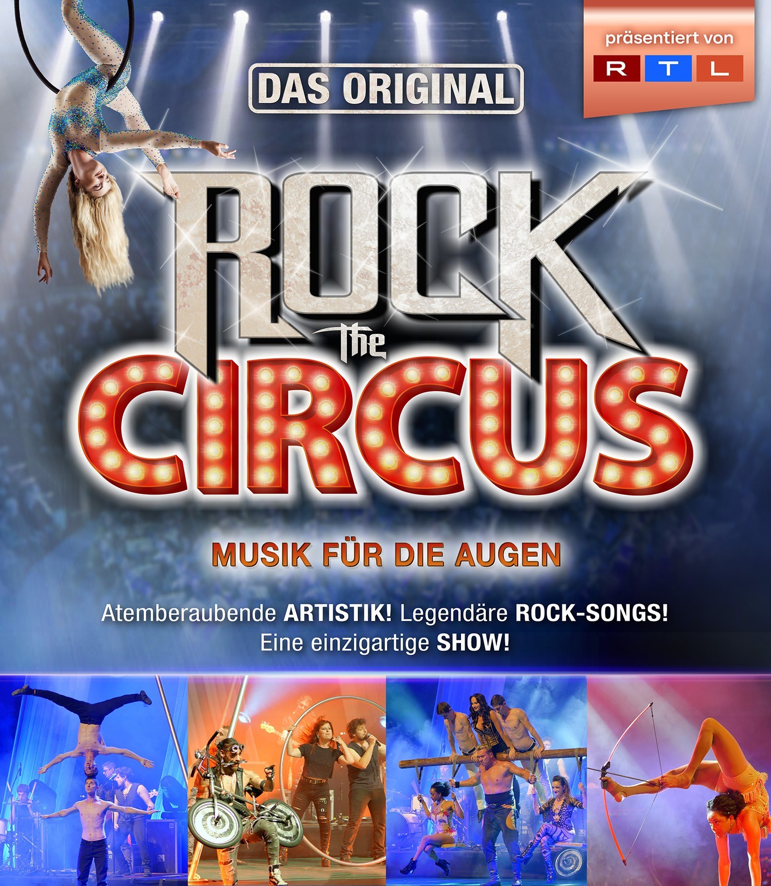 Das Bild zeigt Plakat für den Auftritt der Rock-The-Circus Gruppe mit vier Bildern während einer Aufführung 