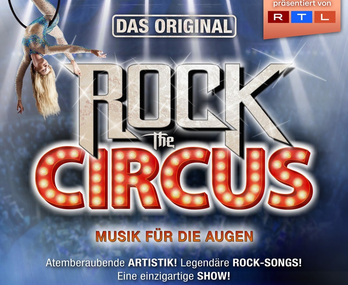 Das Bild zeigt Plakat für den Auftritt der Rock-The-Circus Gruppe mit vier Bildern während einer Aufführung 