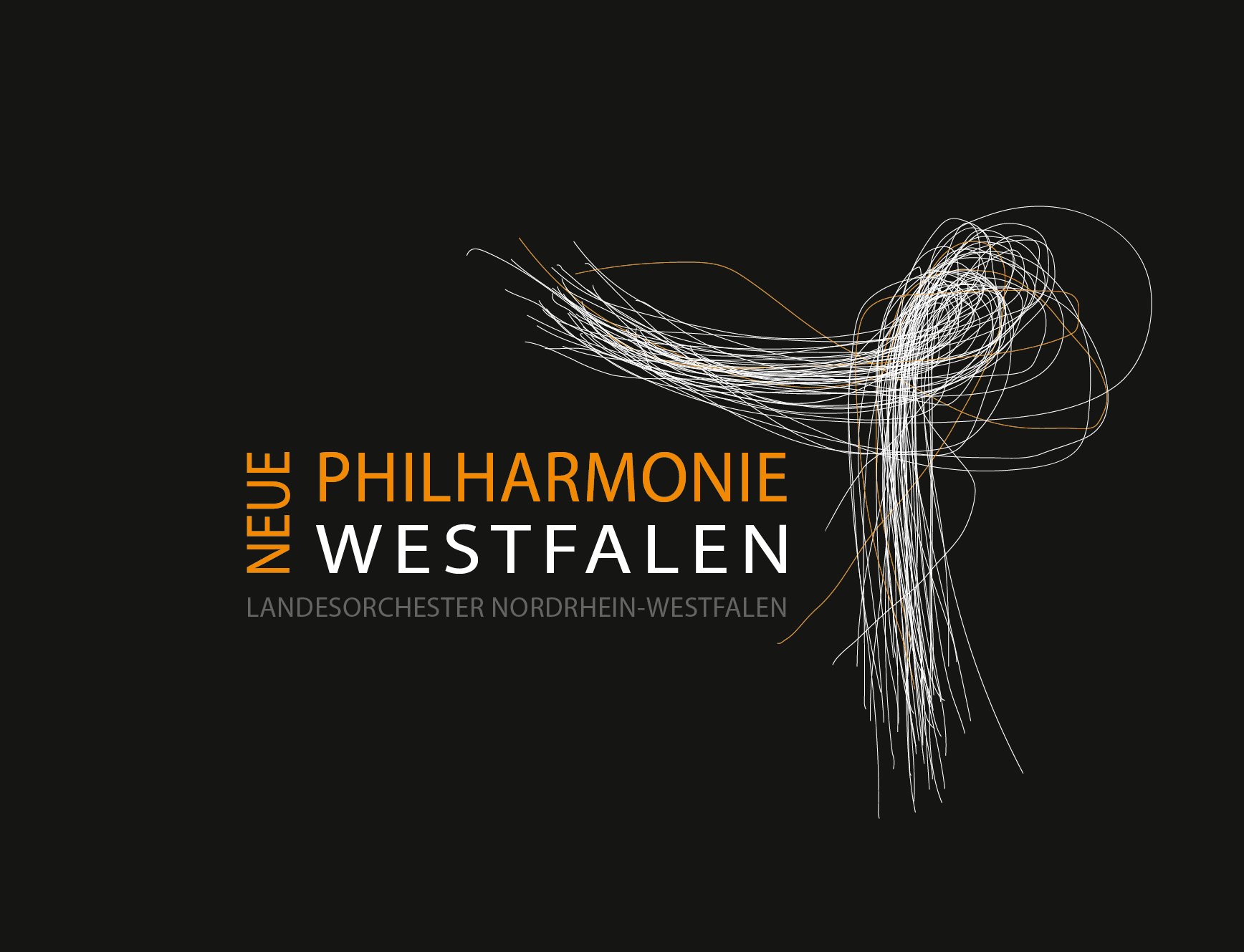 Logo Neue Philharmonie Westfalen; Schrift in orange und weiß auf schwarzem Hintergrund, Logo-Symbol weiß