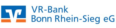 Logo VR-Bank Bonn Rhein-Sieg eG, blaue Schrift auf weißem Hintergrund, Logo blau-orange